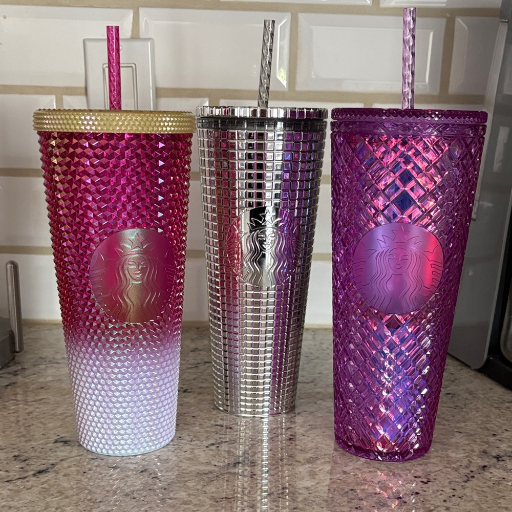 Starbucks Pink, Silver, and Purple Tumblers